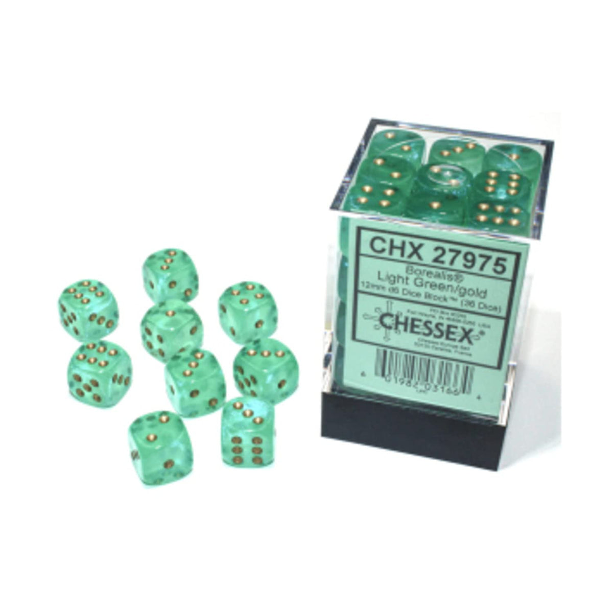 Chessex Borealis 12mm d6 Light Green/Gold Luminary Dice Block (36 dice) (27975)