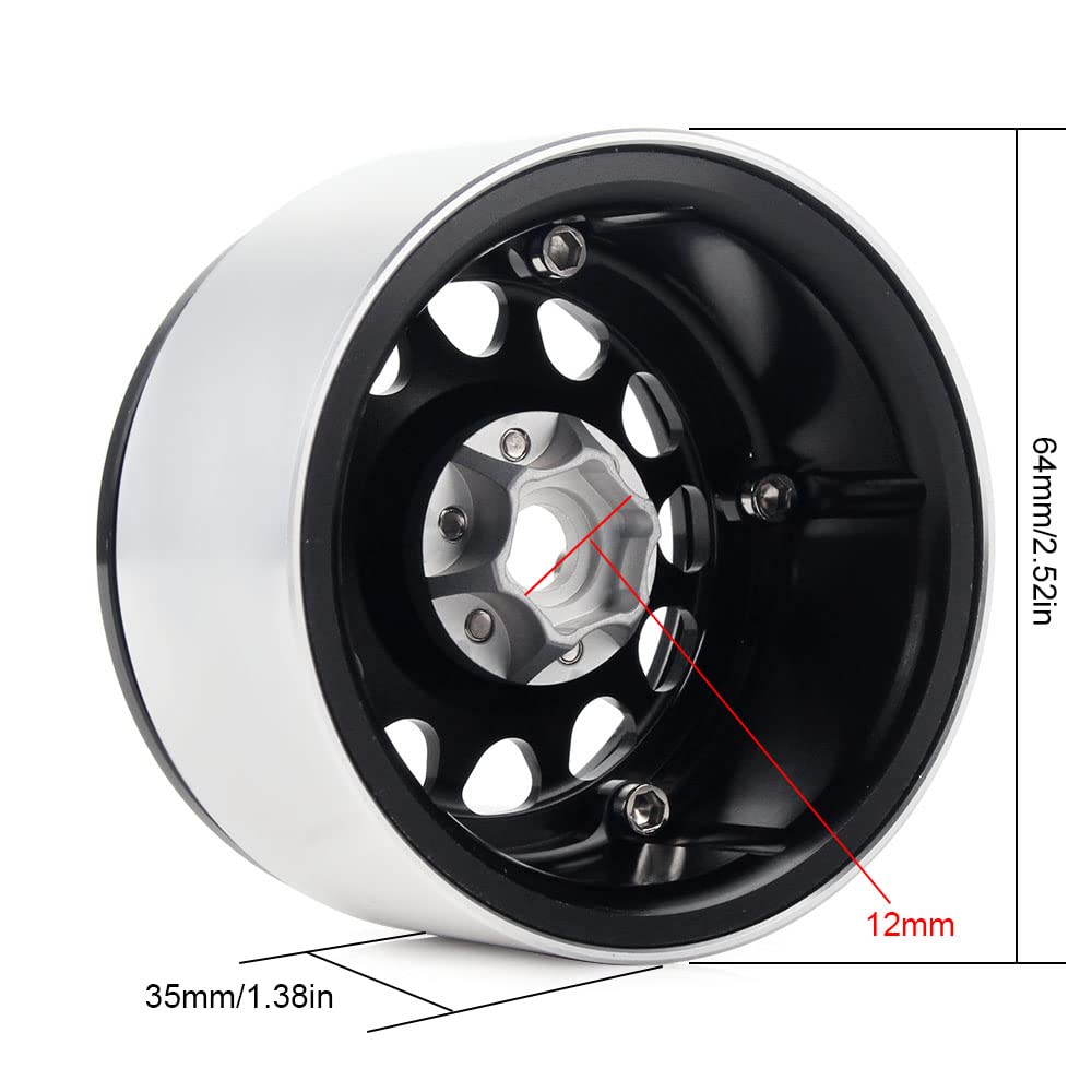 INJORA RC Rim 2.2inch Wheel Rim 4pcs Beadlock Wheel Hub for 1:10 RC Rock Crawler Axial SCX10 RR10 Wraith 90048 90018 TRX4 12mm Hex (Black)