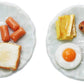 Miniature Food Plates Set of 2 - Hand-Sculpted Clay Bread, Sausage, Egg & Pork Steak on Ceramic Dishes - 1:6 Scale Dollhouse Accessories