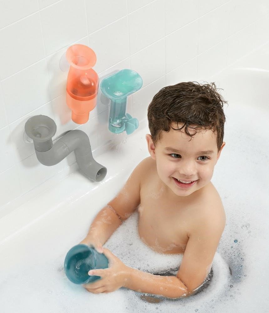 Boon Tubes Toddler Bath Toys - Bathtub Building Toys with Suction Cups - Toddler Sensory Toys and Bathtub Essentials - Gray - 3 Count - Kids Ages 12
