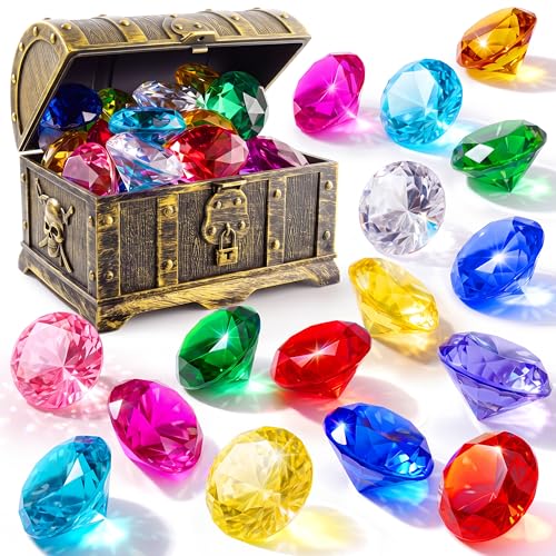 Sloosh Diving Gems Pool Toys, 16 Big Colorful Diamond with Pirate Treasure Chest,Swim Dive Toy for Kids Underwater Gemstone Swimming Training Gift