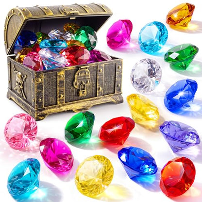 Sloosh Diving Gems Pool Toys, 16 Big Colorful Diamond with Pirate Treasure Chest,Swim Dive Toy for Kids Underwater Gemstone Swimming Training Gift