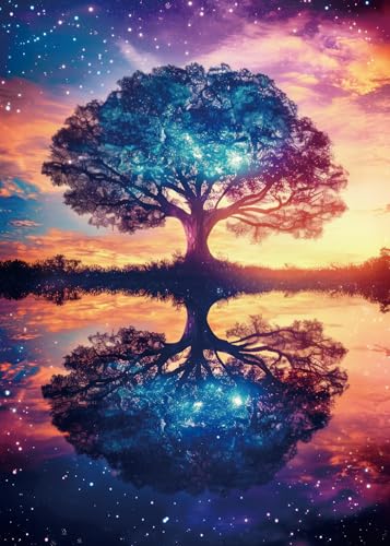 Larkipuzz Colorful Starry Night Tree Jigsaw Puzzle 1000 Piece for Adult, Beautiful Galaxy Nature Landscape Jigsaw Puzzles, Aesthetic Plant Pretty