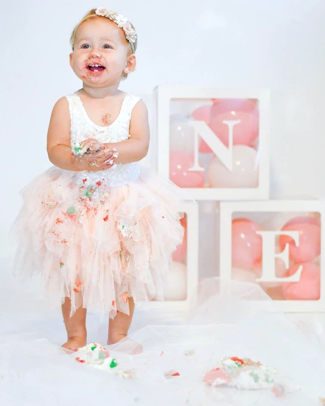 First Birthday Decorations Balloon 'ONE' Boxes for Baby Girl - 24 Balloons - Baby 1st Birthday Girl Decoration, Clear Cube Blocks 'ONE' Letters as