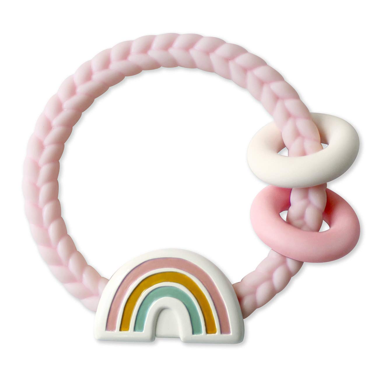 Itzy Ritzy Silicone Teether with Rattle - Rattle Teether Features Rattling Sound, Two Silicone Teething Rings and Raised Texture to Soothe Gums - Ages