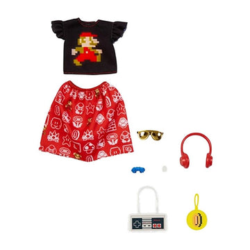 Barbie Storytelling Fashion Pack of Doll Clothes Inspired by Super Mario: Graphic Top, Print Skirt & 6 Video Game-Themed Accessories Dolls, Gift for 3