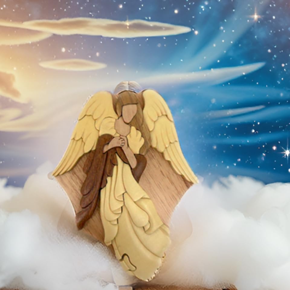 Angel, Handcrafted Wooden Puzzle Box, All Natural Intarsia Wood Art, Secret Compartment with Key