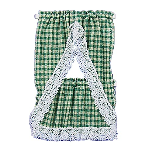 Melody Jane Dollhouse Green Beige Gingham Country Kitchen Curtains & Valance 1:12 Scale