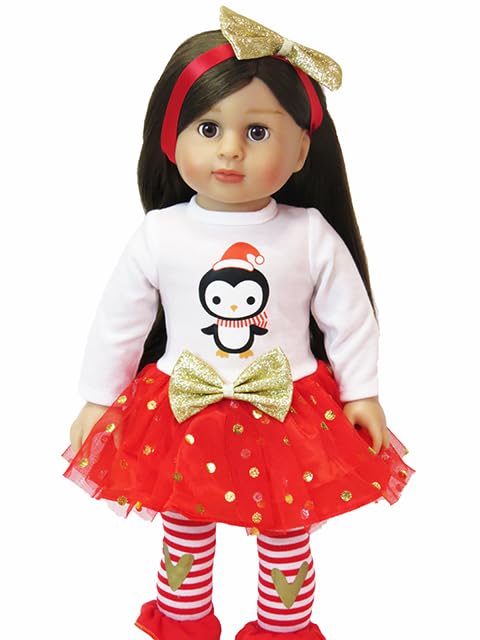 Red & Gold Penguin Long Sleeved Dress Outfit with Bow Headband for 18-Inch Dolls | Premium Quality & Trendy Design | Dolls Clothes