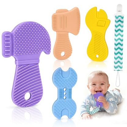 Baby Teething Toys, 4 Pack Silicone Baby Teether Toys with Pacifier Clips, Tool Shape for Babies 0-6 6-12 Months, Multi-Texture Gum Massage Teething