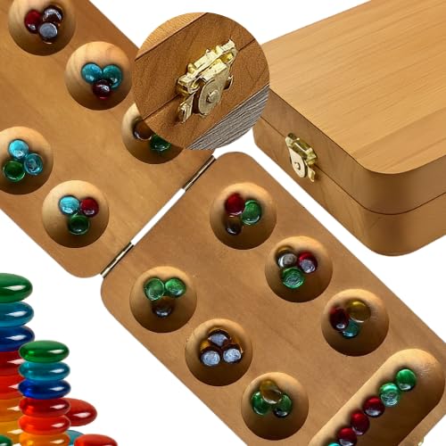 sungka Mancala Board Game, Mancala Board with Metalic Gold Lock - Classic 2-Player Folding Strategy Game, Traditional Mancala for Adults Wooden