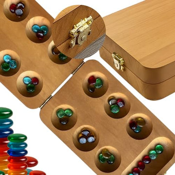 sungka Mancala Board Game, Mancala Board with Metalic Gold Lock - Classic 2-Player Folding Strategy Game, Traditional Mancala for Adults Wooden