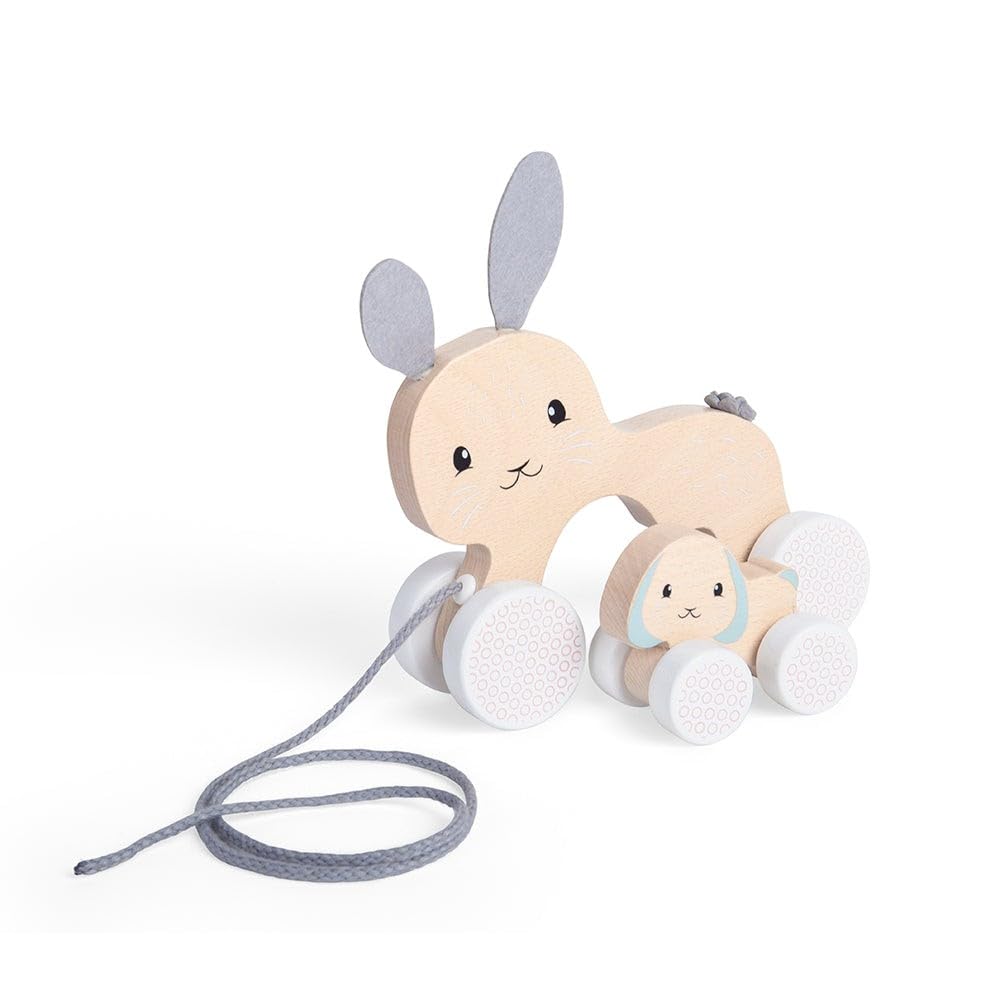 Bigjigs Toys FSC® Certified Bunny & Baby Pull Along Toy - Eco-Friendly Rabbit Pull Along with Cord & Baby Bunny Push-Along, Quality Pull Along Toys