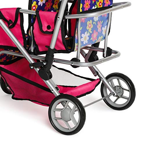 Twin Doll Stroller with Diaper Bag and Swivel Wheels & Adjustable Handle - Pink & Polka Dot Design (Flower)
