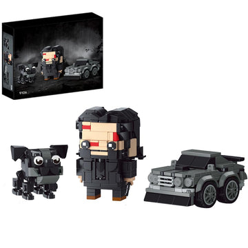 Horror Action Figure & Muscle Car Building Set Compatible with Lego for Adults, John with Dog Buildable Movie Characters, Gifts for Men's Desk Decor