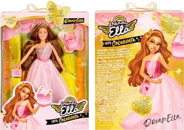 MGA Entertainment Dream Ella Let's Celebrate Doll DreamElla, Pink & Gold Glitter Butterfly Confetti Unboxing 11.5" Brunette Party Fashion Doll + 5