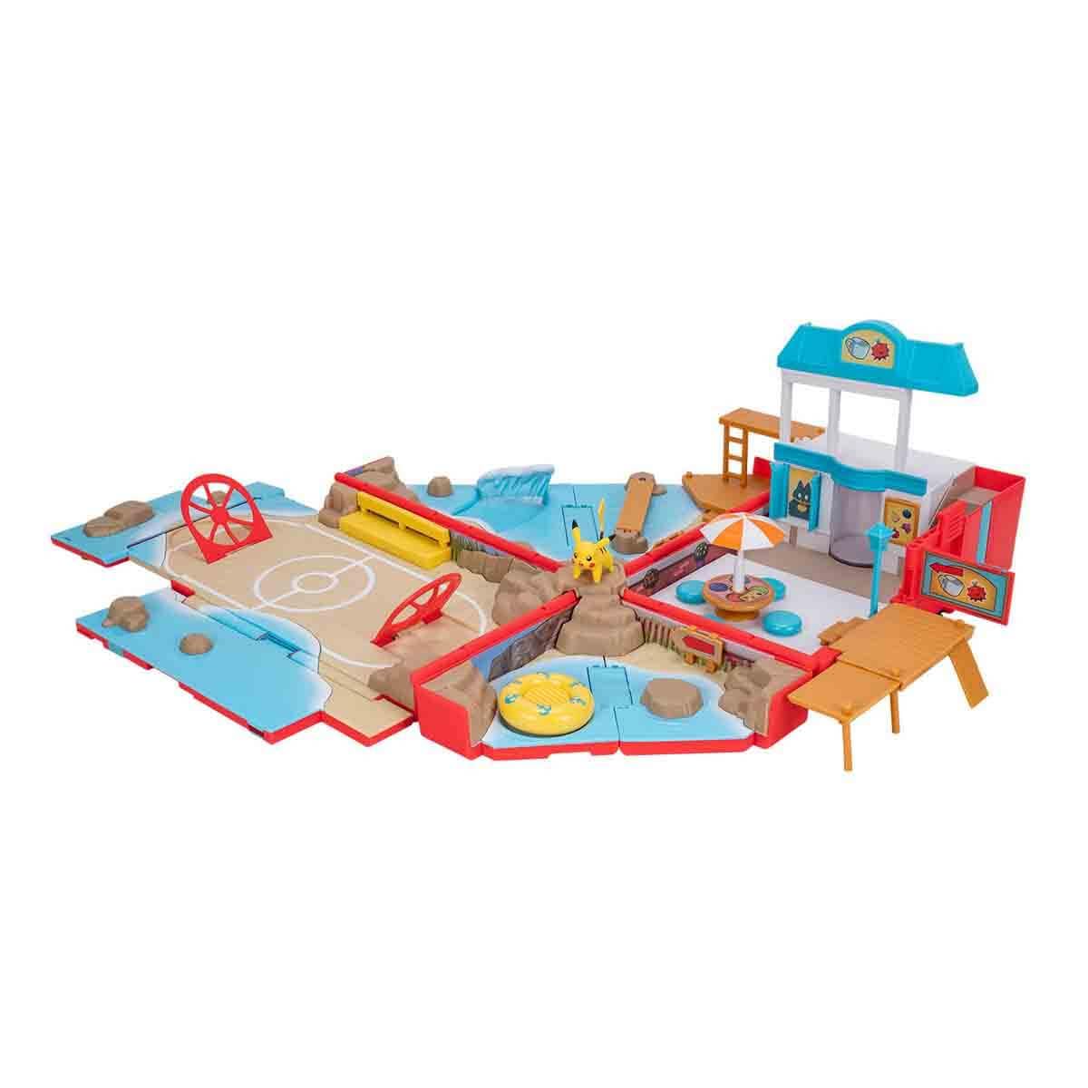 Jazwares Pokémon Carry Case Beach Battle Playset - Portable Transforming Backpack Playset with Action Features and 2-inch Pikachu Battle Figure