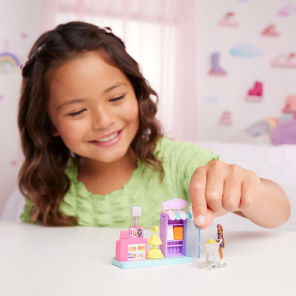 Barbie Mini BarbieLand Collectible Supermarket Playset with 1.5-Inch Doll, Product Shelves, Check Stand & Shopping Cart for Storytelling Play