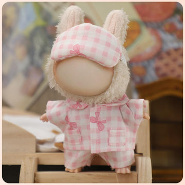 Clothes for Labubu Soft Cotton Cute Pajama Design 3-Piece Set,Plaid Top,Pants & Eye Mask,Perfect for 17cm Dolls(No Doll) (Pink)