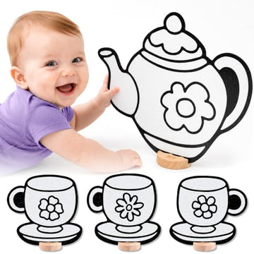 High-Contrast Black & White 3D Tea Party Set - Builds Baby Vision Books & Cards Can't. Then Toddler Motor Skills for School. Re-Colorable Teapot,
