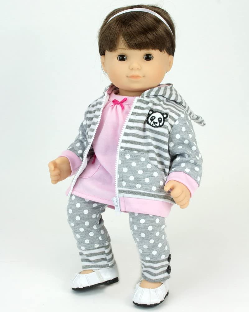 Sophia's Baby Doll Outfit Includes Panda Bear Hooded Sweatshirt, Pink Tunic, and Gray Polka Dot Leggings 3 Piece Set for 15" Dolls, Pink/Gray