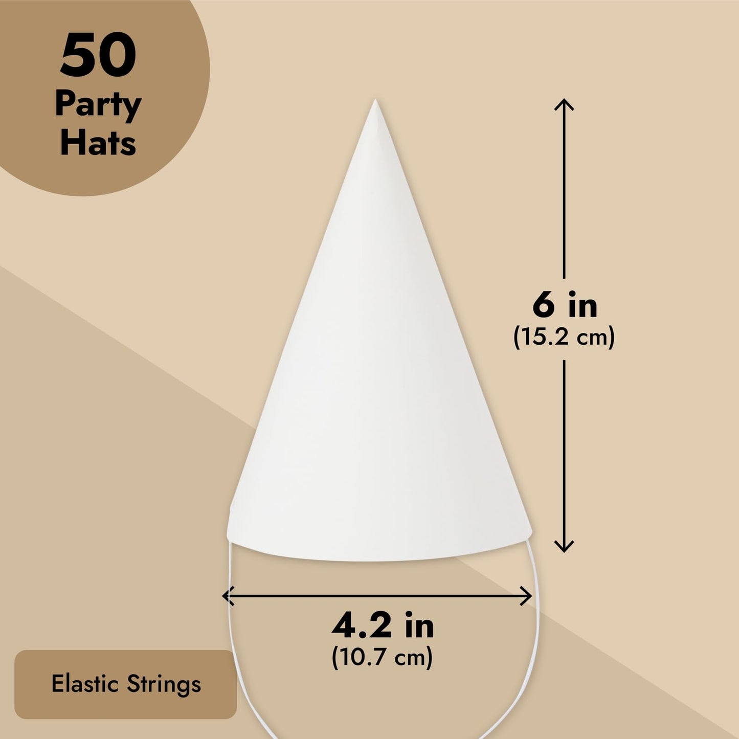 Bright Creations Party Hats Blank White Cone - 50 Count, 6 in, Pre-strung Elastic - Birthday Hats & Celebration Decor
