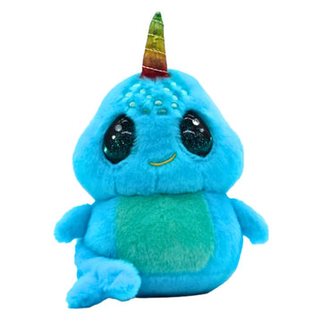 EyeLuvs 5-inch Narwhal- Shake & Sparkle- Blue, Fluffy Narwhal with Glitter Globe Effect Eyes, Stuffed Animal, Made with Kid Safe Materials