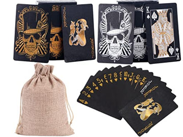 jcoral Cool Black Skull Playing Cards Waterproof Gold Silver Foil Poker Plastic Poker Cards Highly Flexible,2 Decks of Cards