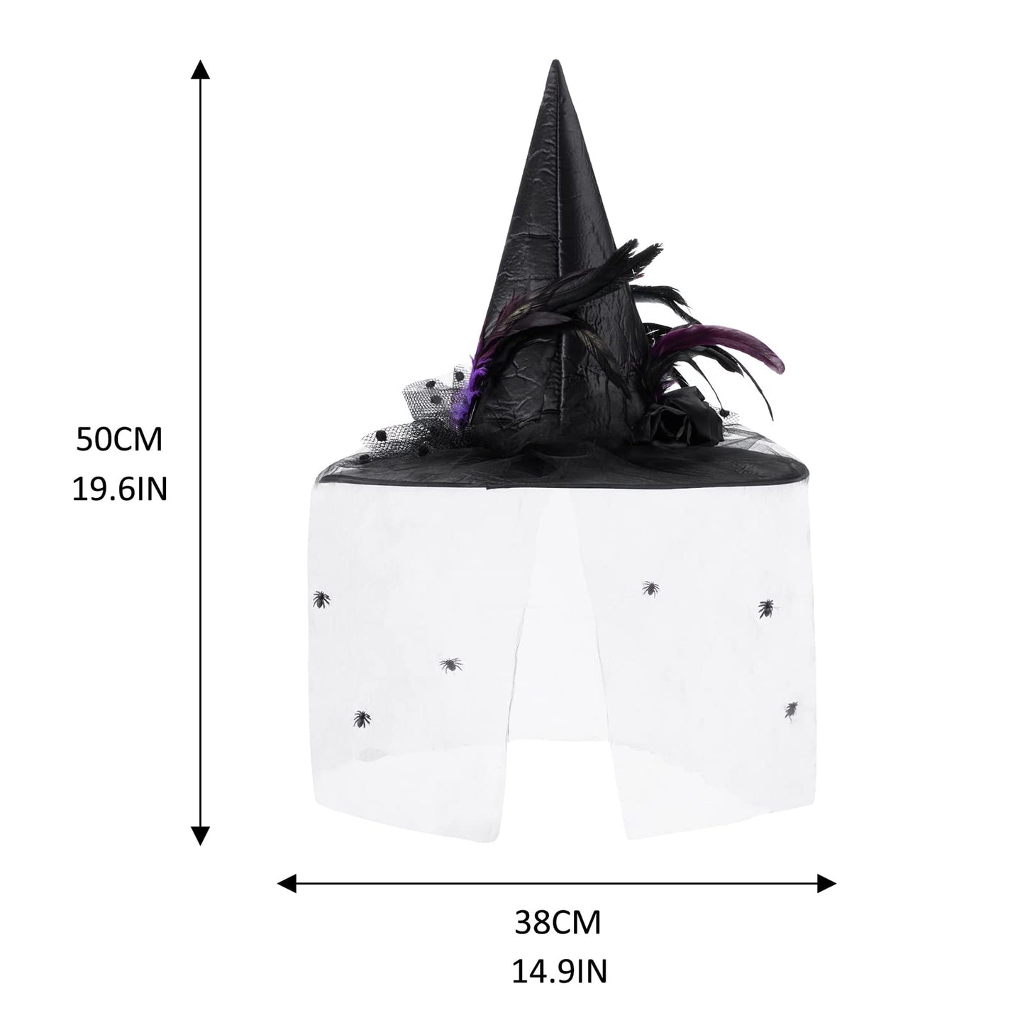 SSPalu Halloween Deluxe Witch Hat Veils Spiders Feathers Felt Wizard Cap Women Men Wide Brim Pointed Hat Party Carnival Cosplay Costume