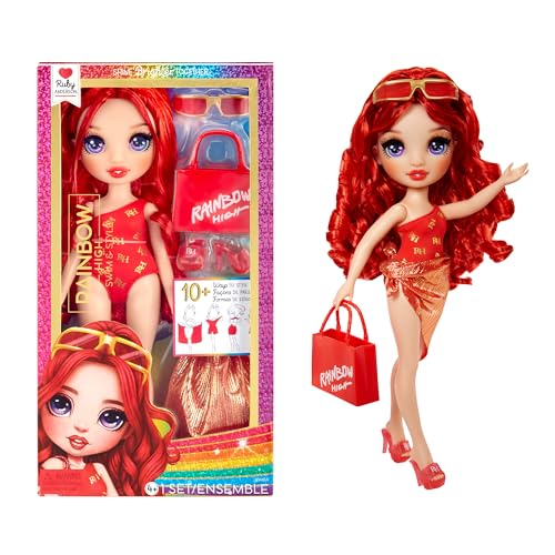 Rainbow High Swim & Style Ruby, Red 11" Fashion Doll with Shimmery Wrap to Style 10+ Ways, Removable Swimsuit, Sandals, Fun Play Accessories. Kids Toy