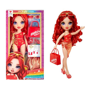 Rainbow High Swim & Style Ruby, Red 11" Fashion Doll with Shimmery Wrap to Style 10+ Ways, Removable Swimsuit, Sandals, Fun Play Accessories. Kids Toy