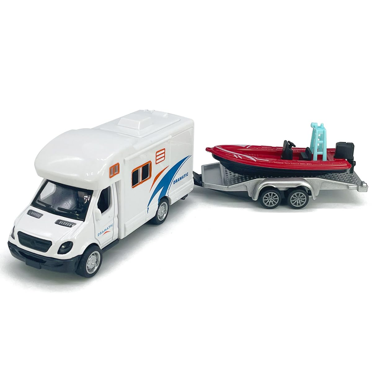 Motorhome Camper Trailer Towing Speed Boat Model Diecast Toys for Boys Pull Back RV Toy Vehicle, Beach Sandbox Outdoor Adventure, 3 4 5 6 7 Year Old