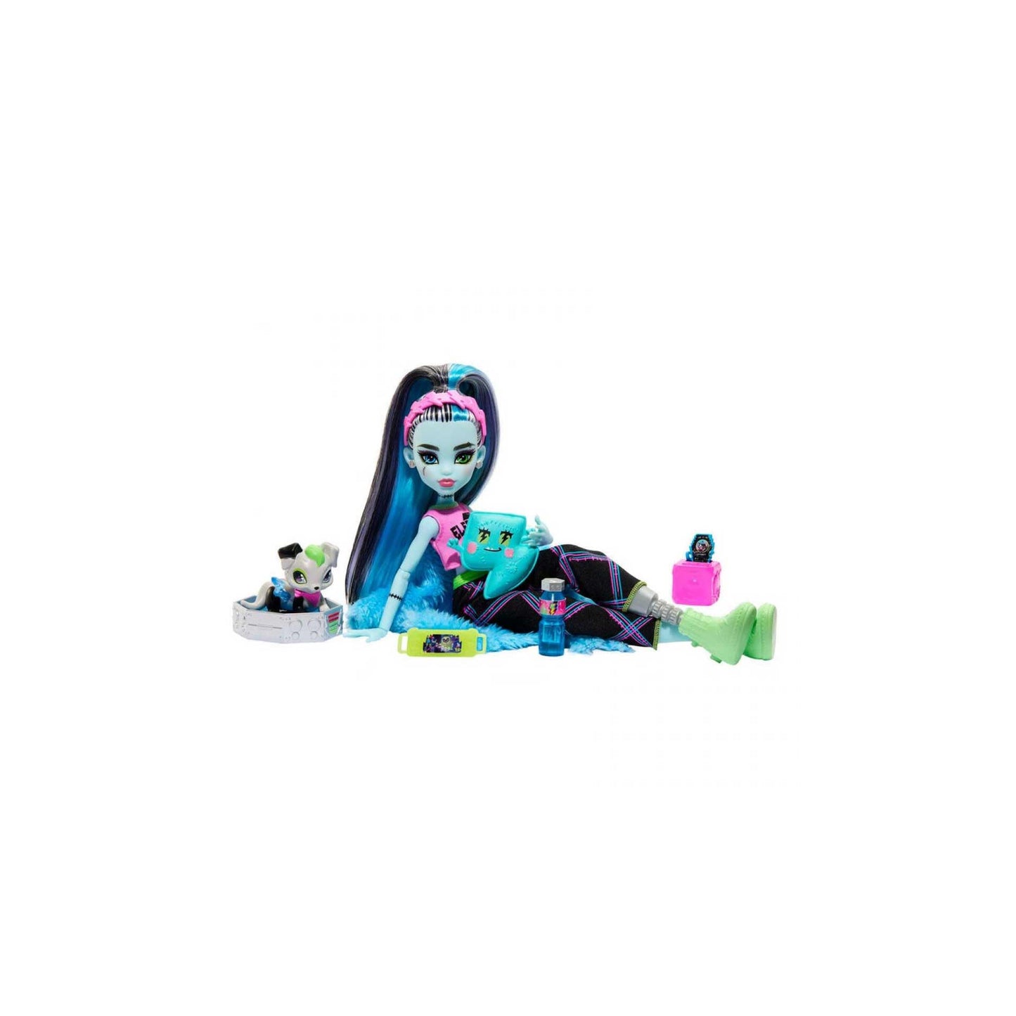 Monster High Creepover Party Doll, Frankie Stein with Pet Dog Watzie, Sleepover Clothes & Accessories like Pillow & Furry Robe