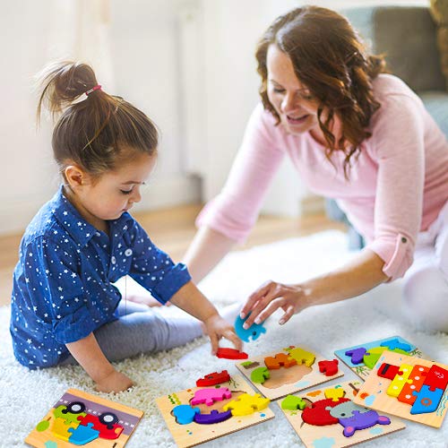 SKYFIELD Wooden Vehicle Toddler Puzzles for 1 2 3 Years Old Boys & Girls, Baby STEM Educational Toy Gift with 4 Vehicles Montessori Learning Puzzles