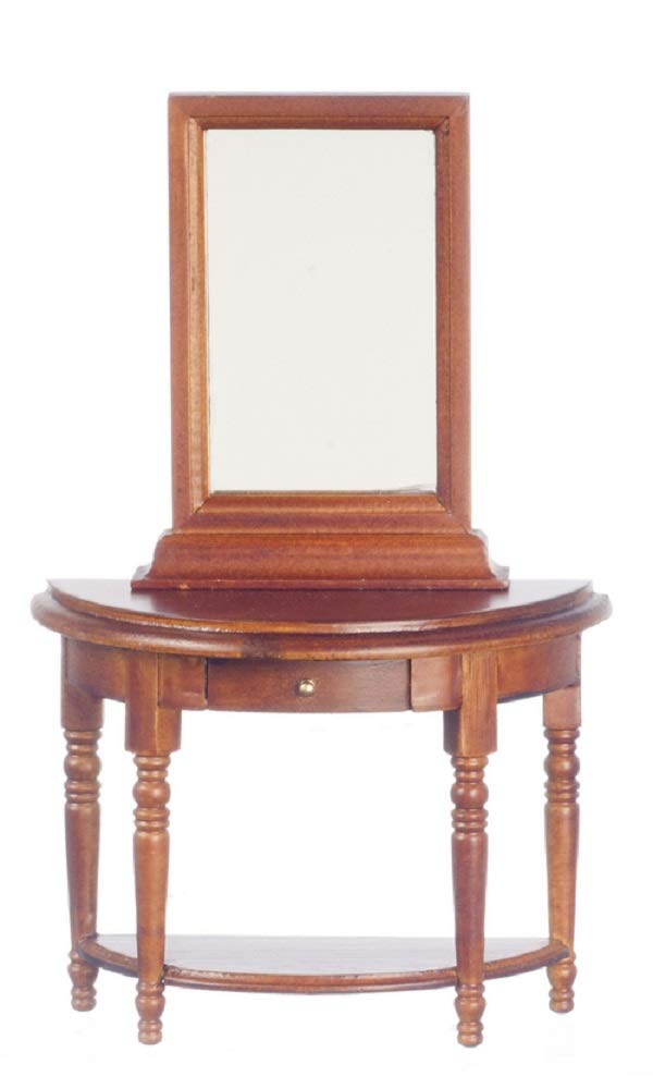 Melody Jane Dolls Houses' Dollhouse Half Moon Walnut Wood Demi Table & Mirror Miniature Hall Furniture