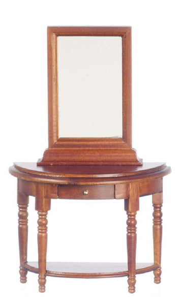 Melody Jane Dolls Houses' Dollhouse Half Moon Walnut Wood Demi Table & Mirror Miniature Hall Furniture