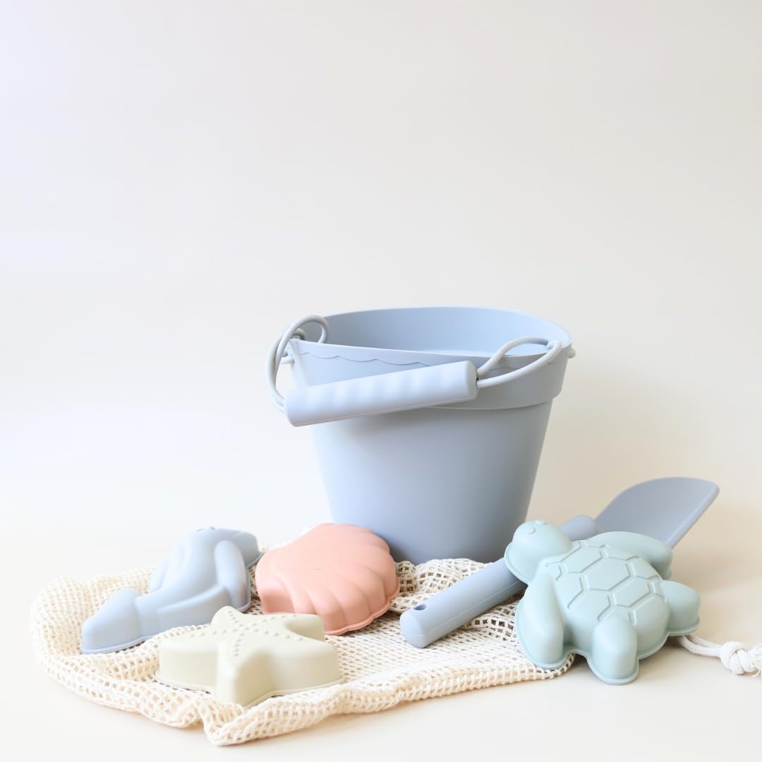Silicone Beach Toy Set, 7 Pieces with Bucket, Shovel, Molds, Net Bag