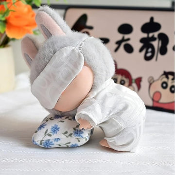 Sleepwear Set with Eye Mask for Labubu 17cm POP MART Dolls - Includes Cozy Pajamas and Matching Eye Mask (No Doll Included) (White)