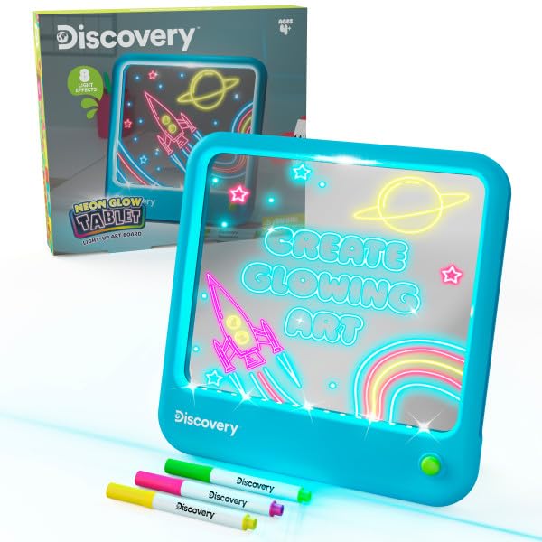 Discovery Neon Glow Drawing Board - LED Drawing Tablet for Kids| 8 Light Effects, 3 Washable Markers| Doodle Board Sketch Pad Art Kit| Built-in