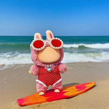 Clothes for Labubu 4-Piece Summer Swimwear Set - Quick-Dry Fabric with Swimsuit,Surfboard,Necklace & Sunglasses,Perfect for 17cm Dolls(No Doll) (Red)