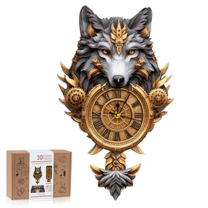 3D Wooden Puzzles for Adults Gray Wolf Design Clock Model Kit with Pendulum