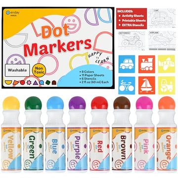 Enday Washable Dot Markers for Toddlers 1-3 - 8 Colors, Activity Sheets and Stencils Included - Bingo Daubers, Dot Art, Dot Markers for Toddlers 2-4