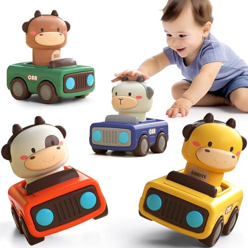 iPlay, iLearn Press to Go Car Toys for Toddlers 1-3, Baby Animal Racing Cars, Infant Play Vehicle Set, Baby Push Go Friction Car Toys for 6-9-12-18