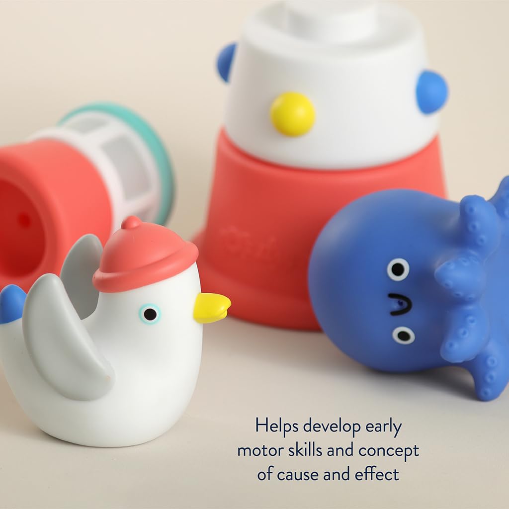 Itzy Ritzy Stack & Squirt Bath Toy Set for Babies and Toddlers - Includes Stackable Lighthouse and Water-Squirting Seagull & Octopus - Perfect