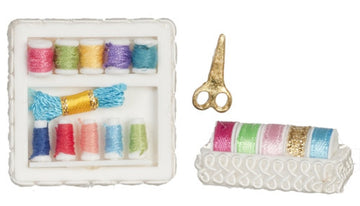 Melody Jane Dollhouse Sewing Accessories & Ribbon in Boxes Haberdashery Shop Store Display