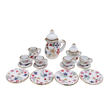 15 Pack Miniature Ceramic Doll Tea Set Dollhouse Tea Cup Set Decoration Accessories for Scale 1:12 Dollhouse Craft (Flowers)