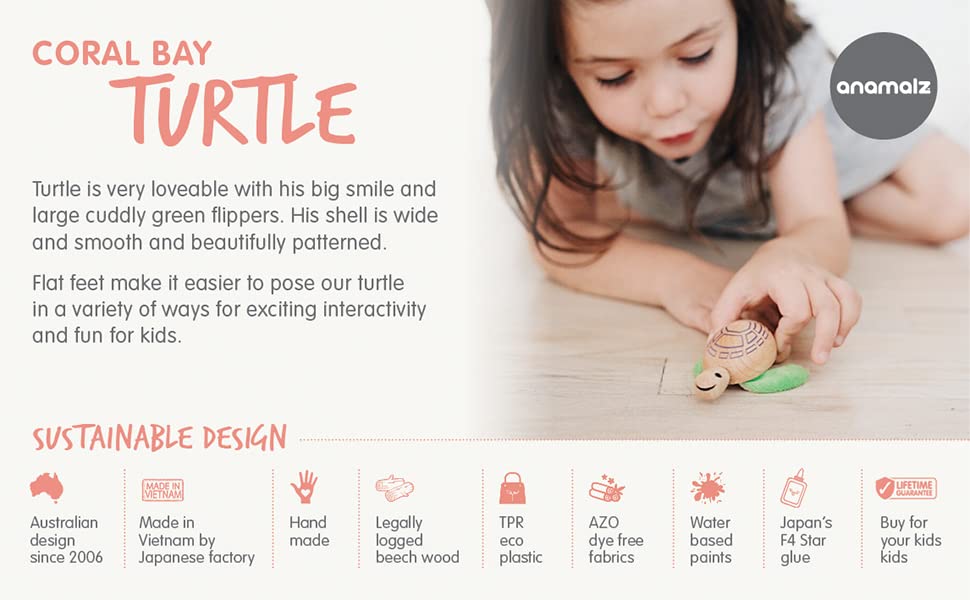 Anamalz Turtle Wooden Animal Toy for Toddlers, Fun and Posable Turtle for Early Learning, Montessori, and STEM, Smooth Natural Wood, Boys and Girls