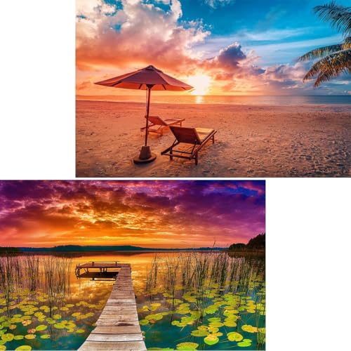 Jigsaw Puzzles 2 Pack 1000 Pieces Puzzles for Adults - Hawaii Beach & Lake at Sunset Nature Landscape Impossible Challenging Puzzles for Home Decor