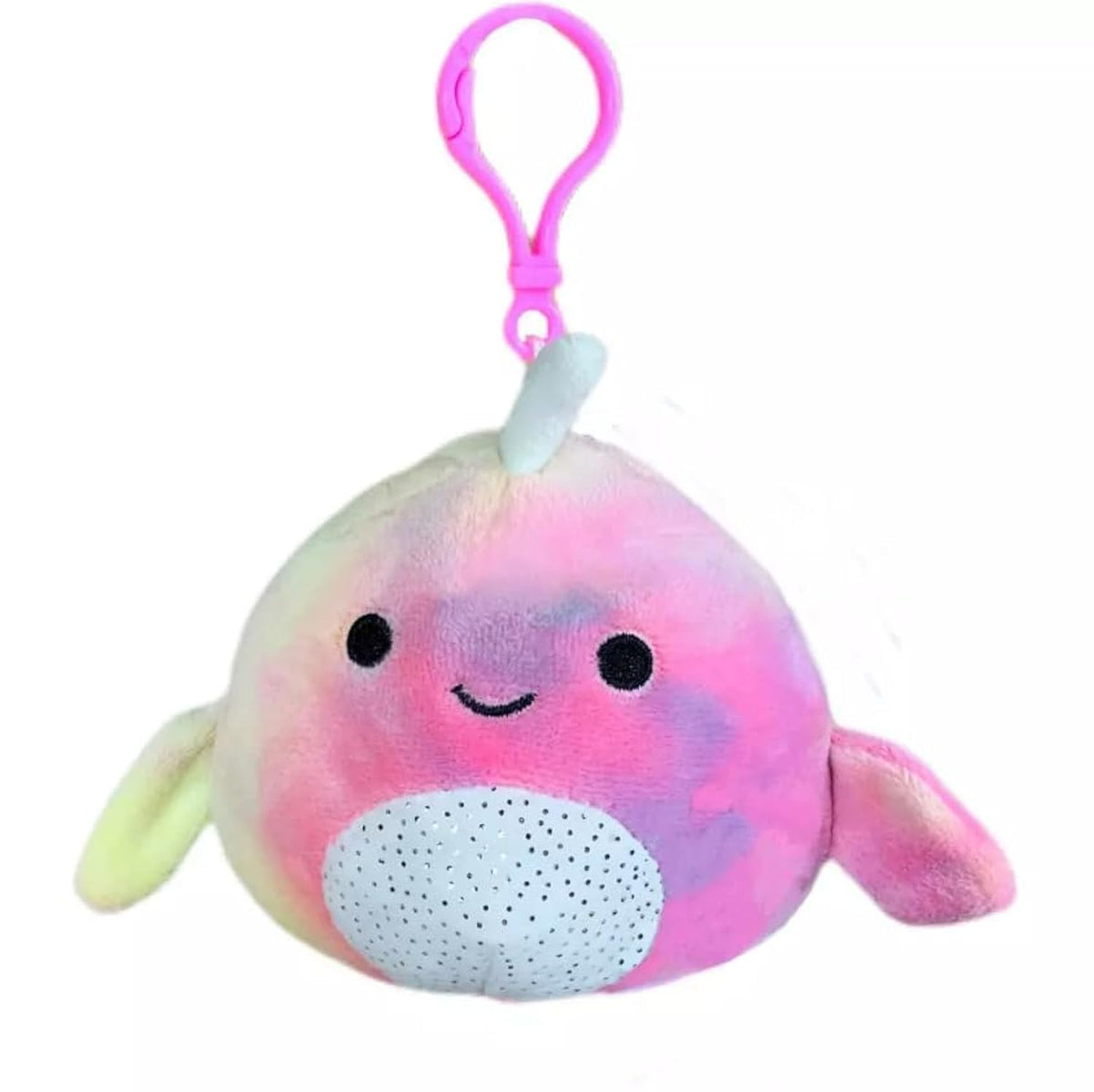 Squishmallows KellyToys 3.5 Inch Clip-On Plush, Navina The Pink Rainbow Tie Dye Narwhal