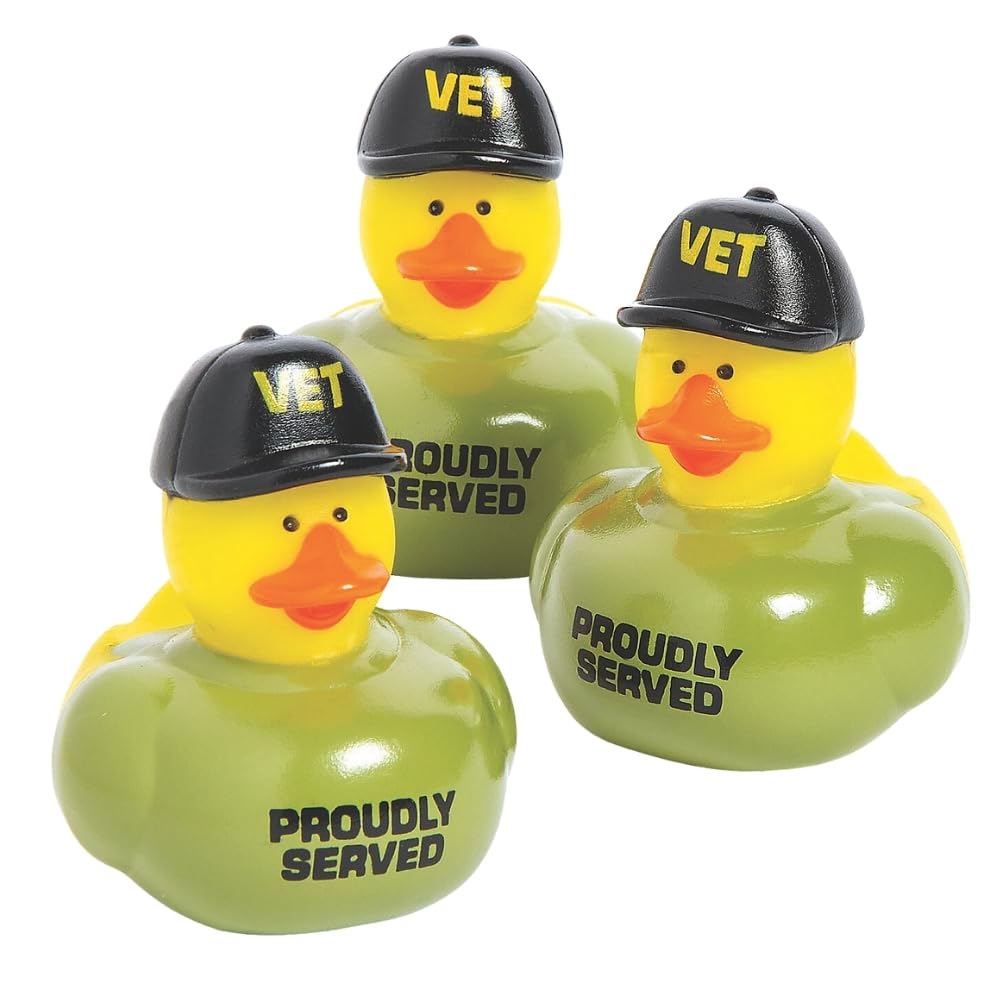 Fun Express - 2" Veteran Rubber Ducks in Green T-Shirts and Black Caps - Perfect for Tiki Parties, Car Decor, and Fun Luau Favors - 12 Pieces